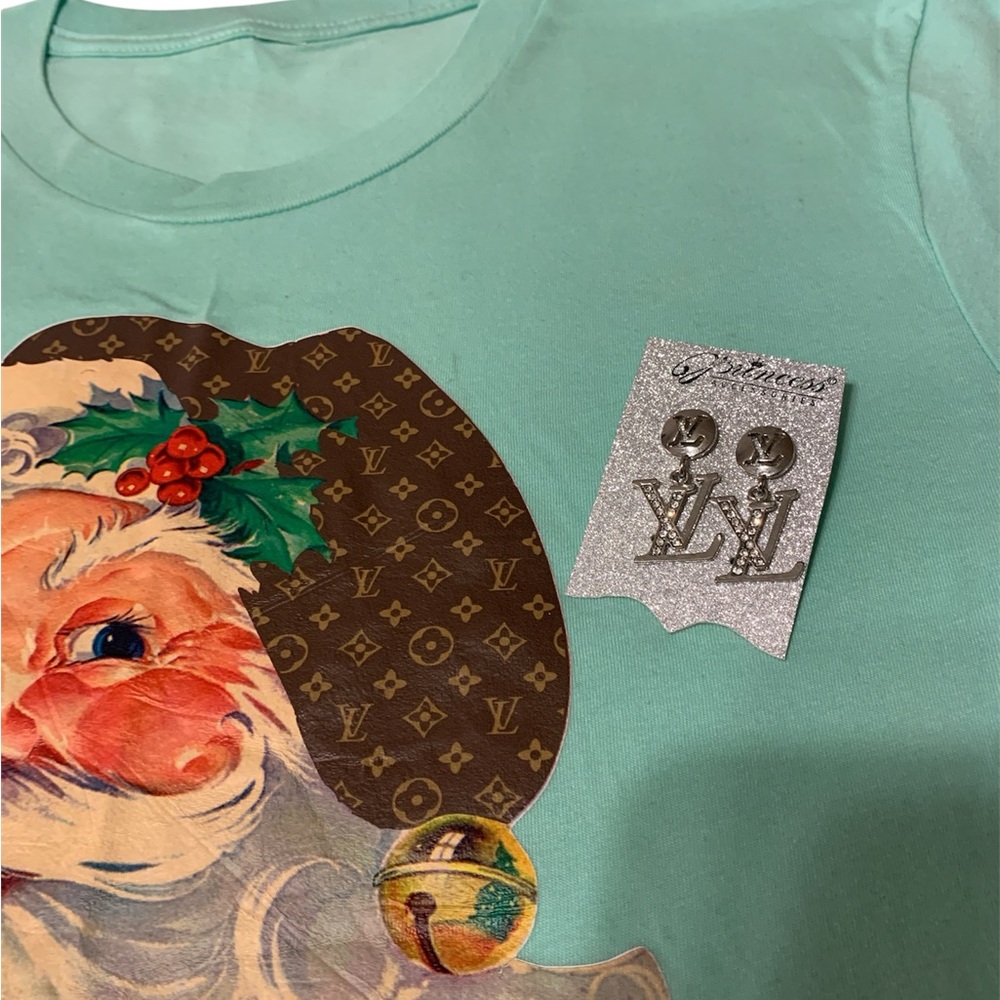 Green mint Santa Graphic Tee LV imitation Louis Vuitton and FREE EARRINGS LV!